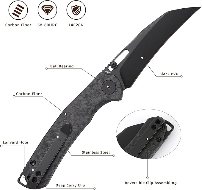 Folding Pocket Knife 3.1 Stonewash Blade EDC Knife with Safety Liner Lock Small Pocket Knife with Clip for Men Sharp Camping Hiking Hunting Survival Knives