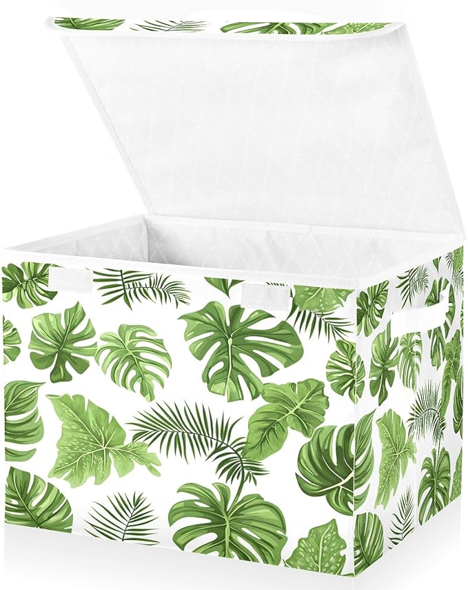 Tropical Leaves Fabric Storage Bins with Lids and HandleFoldable Storage Bins with LidsCloset Organizers for Clothes Storage Room Organization Office Storage Chest Organizer