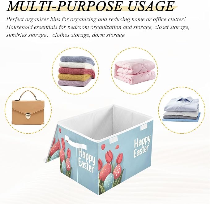 Happy Easter Pattern Foldable Storage Baskets Fabric Boxes with Handle Organizers with Flip-Top Lids Storage Bins for Home Bedroom Office