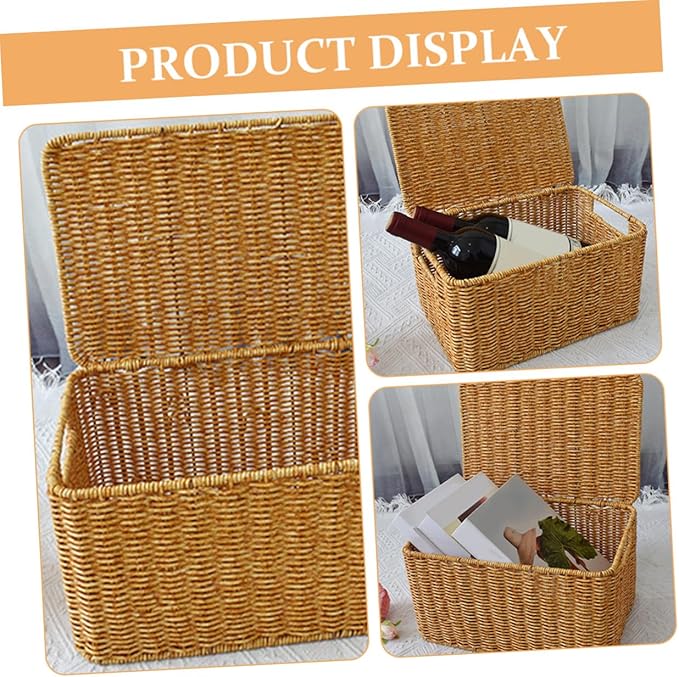 Garneck Faux Rattan Storage Box with Lid Small Sundries Organizer for Bedroom Wardrobe Living Rustic Style Household Storage Bin for Clothes and Books Practical Tiny House Furniture