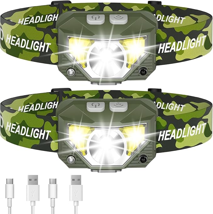 LHKNL Headlamp Flashlight Lumen Ultra-Light Bright LED Rechargeable Headlight with White Red Light2-Pack Waterproof Motion Sensor Head Lamp8 Mode for Outdoor Camping Running Fishing- Green