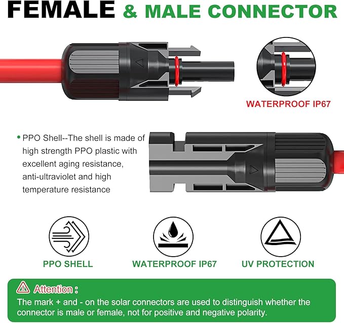 Oududianzi Solar Extension Cable 20Ft Solar Wire 10AWG Tinned Copper PV Cable 10Gauge Solar Panel Cables with Waterproof Connectors for Home Boat RV Outdoor Camping Solar Panels