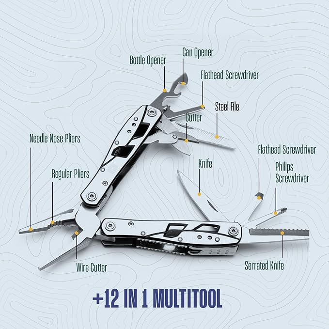 Multitool Plier - 12 In 1 Stainless Steel Pocket Multi Tool With Durable Sheath For Camping Survival Gear - Safety Locking Camping Accessories With Cutter Bottle Opener Screwdriver by Hayvenhurst