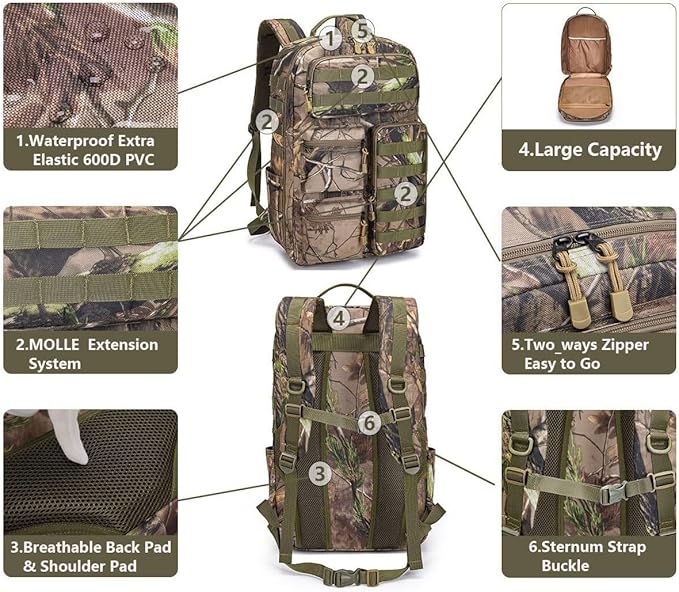 EUNOGO Hunting Backpack Camo Hunting Backpacks &amp duffle Bags Water resistant for Camping Hiking-30L(Green)