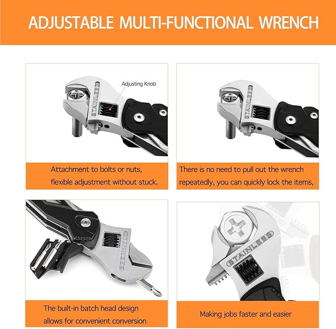 14-in-1 Adjustable Wrench Multitool EDC Compact Multi Tool with Pliers Knife Saw Screwdrivers 30Cr13 Stainless Steel Tool for Home Repair DIY Camping Hiking and Outdoor Use