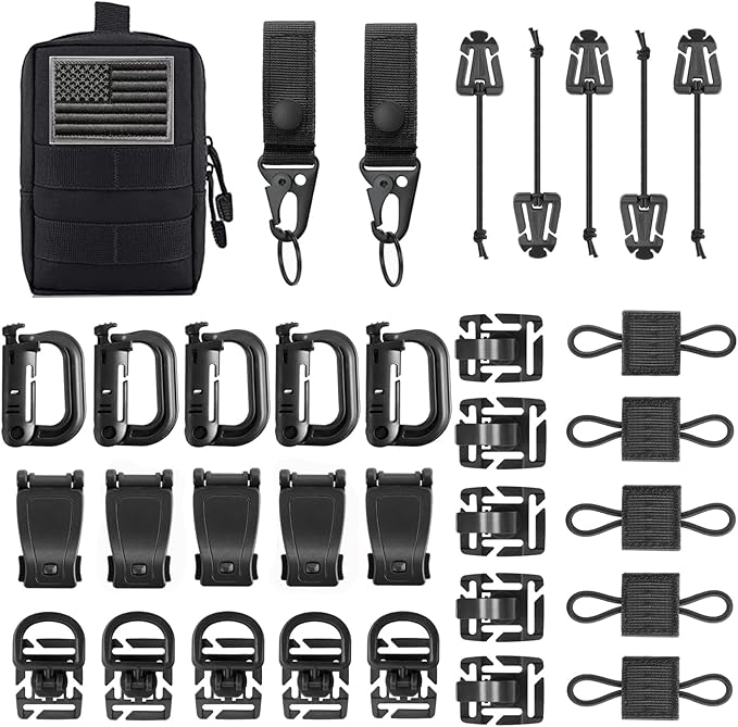 FRTKK Tactical Hydration Backpack and Kit of 34 Attachments for Tactical Backpack Belt Molle Bags Accessories Kit with Molle Pouch