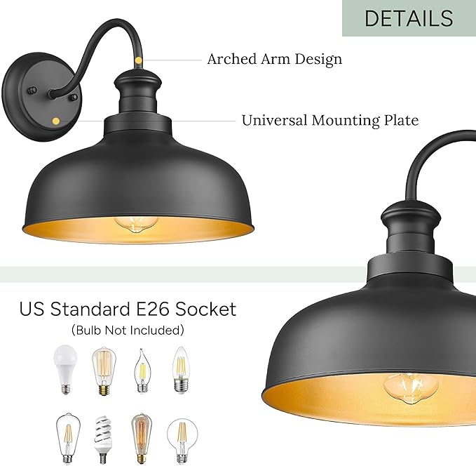 Outdoor Barn Lights 11.5 Inch Dome Outside Wall Sconce Weather Resistant Farmhouse Exterior Wall Mount Light Anti-rust Exterior Lighting Fixturefor Porch Garage Patio Entryway (Black 4 Pack)
