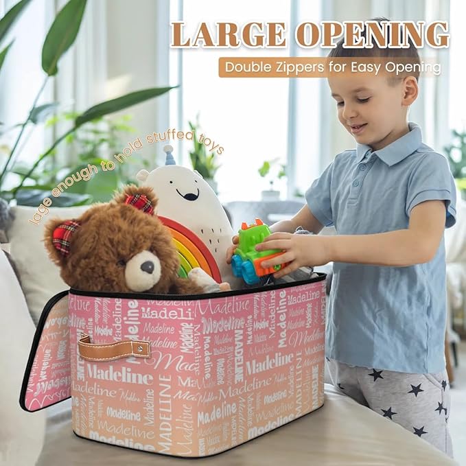 Custom Storage Basket with Name Personalized Keepsake Box with Zipper Lid Foldable Fabric Memory Bin Large capacity with Handle Pink Apricot