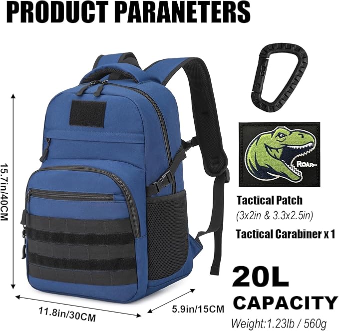 Kids Tactical Backpack Army Molle Bookbag Military Boys Backpack for School Outdoor Camping (Includes 2 Patches+1Carabiner) Blue