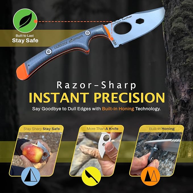 OUTDOOR ELEMENT Contour Feather Survival and Culinary Knives – VG10 Steel Fixed Blade with Fire Starter Hex Driver Knife Sharpener Sheath &amp Built in Whistle - Built For Camping &amp Outdoor Ad