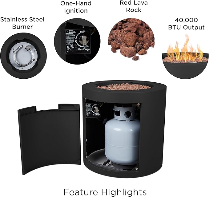Real Flame Aegean 24 Round Propane Gas Fire Pit Table with Hidden Tank 50000 BTU Powder-Coated Steel Push-Button Ignition Lava Rock Storage Cover Stainless Steel Burner with Lid - Black