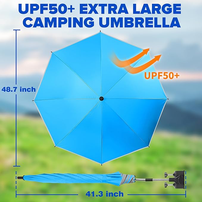 Beach Umbrella2PACK 48.7inch Chair Umbrella with Clamp adjustable 360°UV Protection Large Camping Chair Umbrellas for Camping chair Glof CartTable(ChairTable not include)