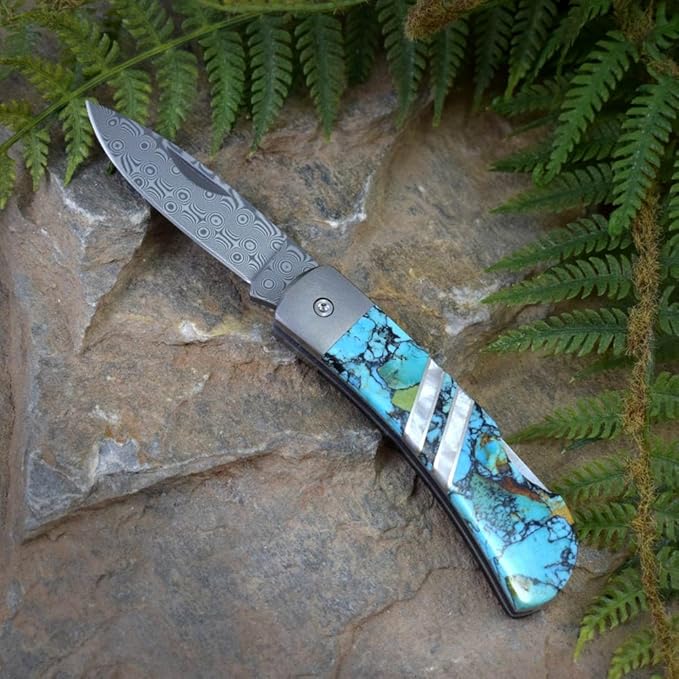Modern Artisans Folding Pocket Knife with Damascus Blade and Artisan-Crafted Arizona Blue/Green Turquoise Handle 3