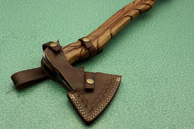 20 Inches Long Damascus Steel Tomahawk Axe Engraved Rose Wood Handle Bearded Hiking Battle Axe Hand Forged Damascus Steel Head Thick Cow Hide Leather Sheath