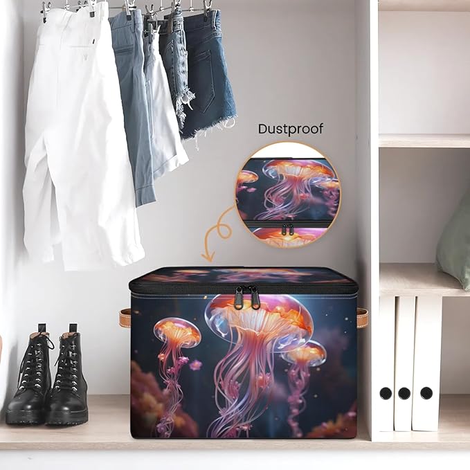 Storage Bins with Lids Jellyfish Ocean Storage Basket Clothes Organizer with Handles Closet Storage Containers for Clothing Bedding Blanket