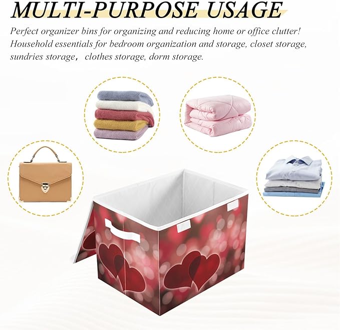 senya Valentines Baskets Collapsible Storage Bins with Lids Hearts Bokeh Effect Storage Boxes Clothes Baskets for Organizing