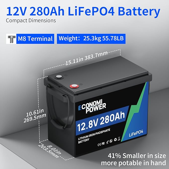 12V 280Ah LiFePO4 Lithium Battery Sheet Metal Reinforced Internal Frame 200A BMS 8000+ Deep Cycle Rechargeable for RV Solar Marine Trolling Motor Off-Grid