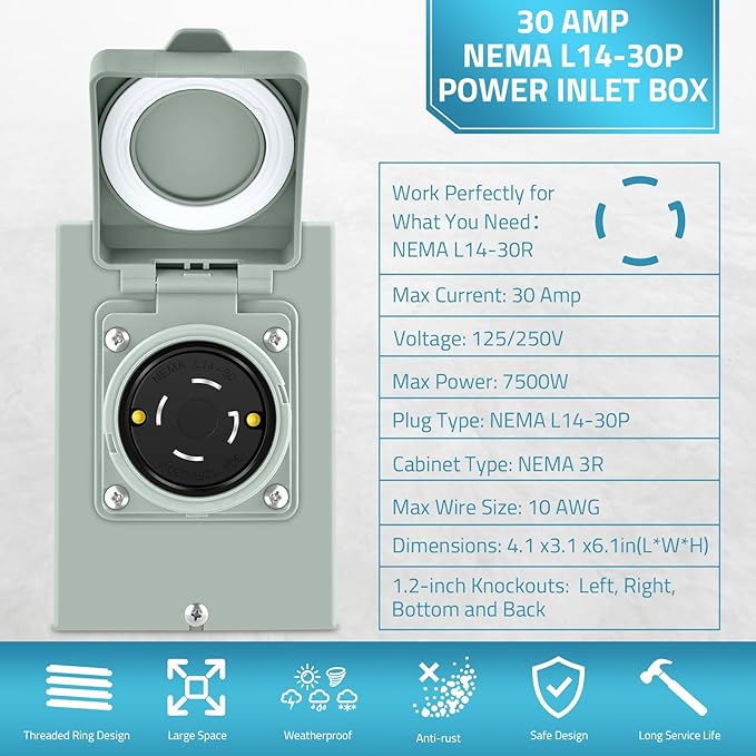PAULINN 30A Generator Power Inlet Box NEMA 3R Generator Outlet Box for Outdoor Receptacle 4 Prone PB30 L14-30P 125/250 Volt 7500W 30 Amp Generator Transfer Switch Weatherproof ETL Listed