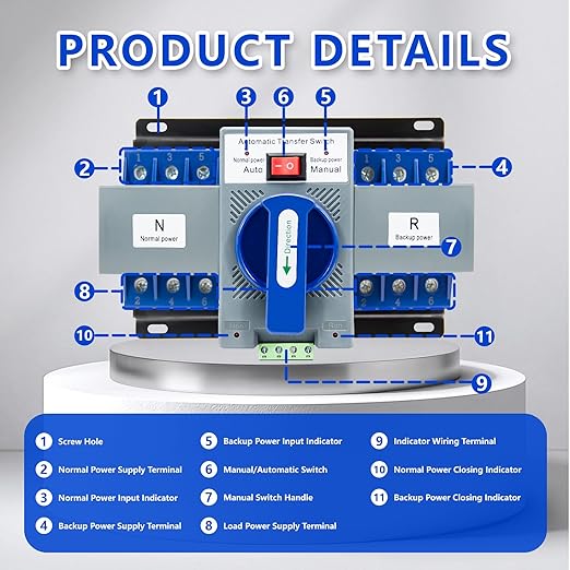 110V Dual Power Automatic Transfer Switch 3P 63A Generator Changeover Switch ATS 50Hz/60Hz