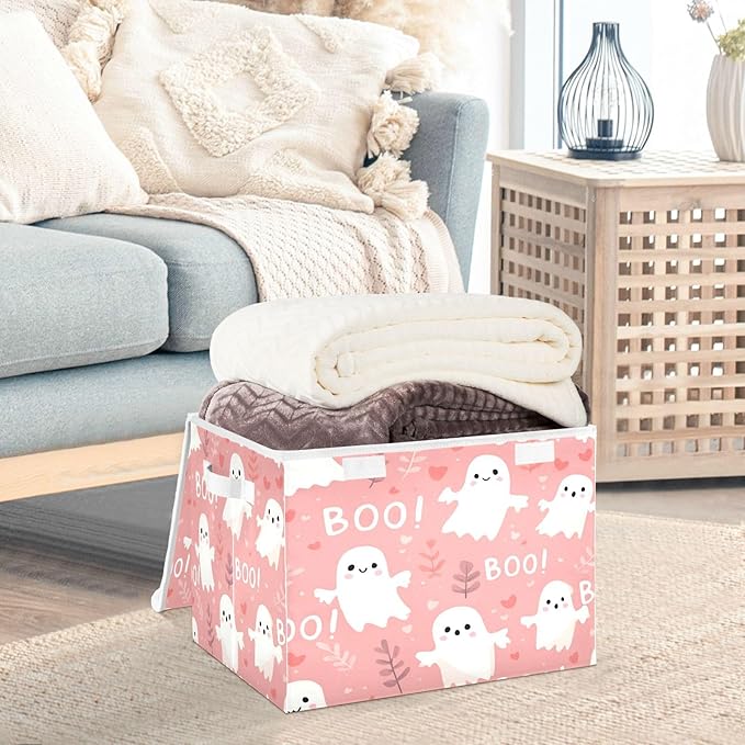Halloween Baskets Collapsible Storage Bins with Lids Ghost Love Grass Storage Boxes Clothes Baskets for Organizing