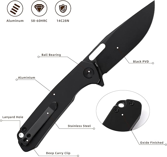 Pocket Knife 3.3 Folding Knife Premium 14C28N Blade with Aluminum Handle Pocket Clip EDC Knife for Camping Hunting Hiking Survival and Outdoor Activities