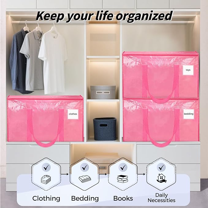 16 Pack Extra Large Heavy Duty Moving Bags Pink Storage Bins with Lids Reinforced Handles &amp Heavy-Duty Zippers Moving Boxes Storage Bags Totes for Clothes Packing Dorms College Supplies Pink