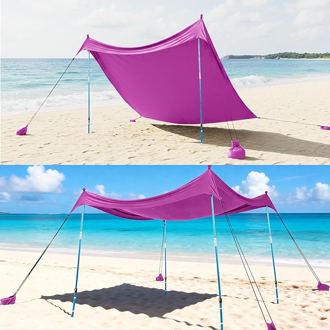 CROWN SHADES 10x10 Beach Tent Sun Shelter Easy Pop Up Beach Canopy Shade Portable Outdoor Carpas UPF50+ Includes 4 Poles Adjustable Aluminium Extra-Large Big Sand Shovel Purple