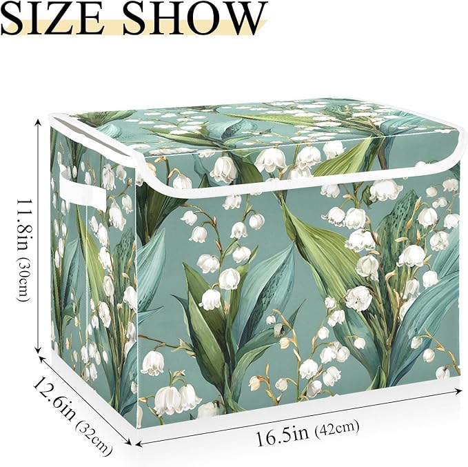 susiyo Large Foldable Storage Bin with Flip-Top Lid Lily Of The Valley Storage Box Collapsible Closet Organizer Containers Boxes Decorative Baskets with Handles for Home Bedroom Living Room Office