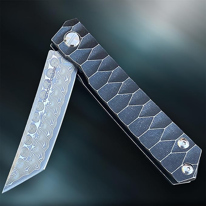 TACTICAL GEARZ Damascus Pocket Folding Knife Solid Tc4 Titanium Handle 67 Multi-Layered Damascus VG10 Steel Tanto Blade (Saint DXT)
