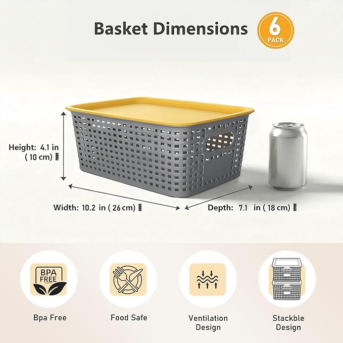 AREYZIN Plastic Storage Bins with LidStackable Storage Bins and Storage Baskets for ShelvesSmall Baskets for Organizing Small Storage Bins10.2x7.2x4.1 Inch6-Pack Gray