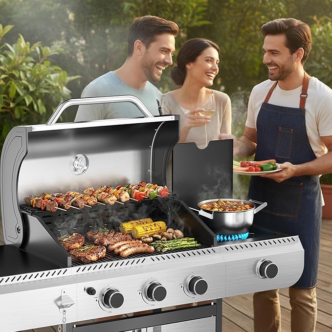 R.W.FLAME 3-Burner Gas Grill with Side Burner 34000 BTU Propane BBQ Grill Stainless Steel Outdoor Grill with Porcelain-Enameled Grates for Backyard Patio Camping