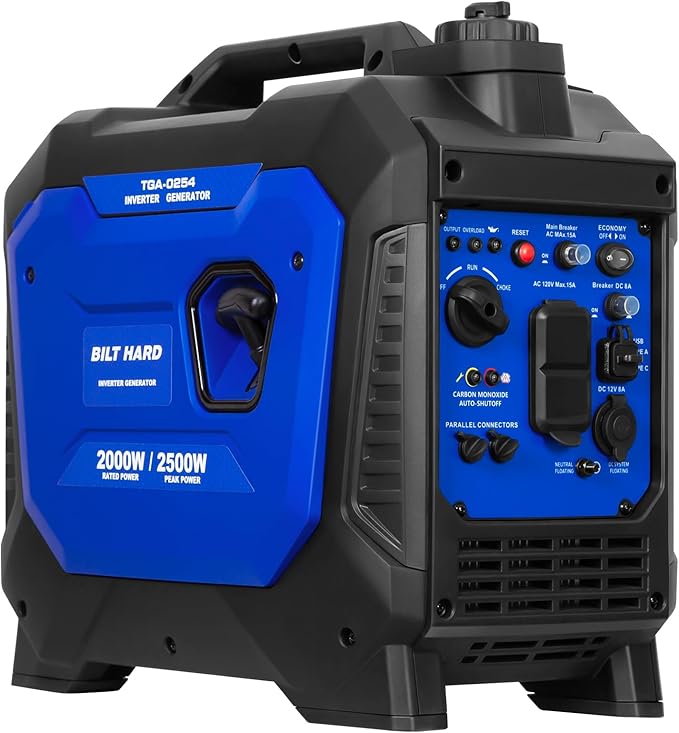 BILT HARD Gas Generator 2500W 80cc 4 Stroke Quiet Inverter Generator with CO Sensor Parallel Ready120V AC Duplex Receptacle and 12V DC Output Outdoor Generators for Camping Home Use 49-State
