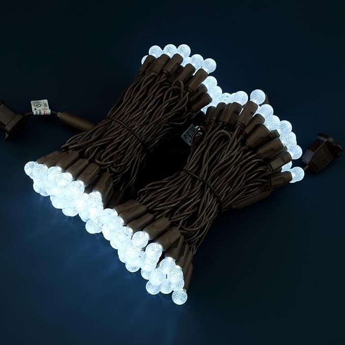 Cool White Raspberry One-Piece LED Christmas Lights 48 Feet 140 Count Pack of 2 Strands 70ct G12 High Waterproof UL Certified Brown Cord String Lights