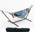 Double Cotton Hammock with Steel Stand for Outside Brazilian Style 450lbs Capacity Portable Indoor Outdoor Lounger with Carry Bag 2-Person Capacity Ideal for Backyard Garden Camping Ocean Blue