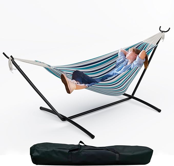 Double Cotton Hammock with Steel Stand for Outside Brazilian Style 450lbs Capacity Portable Indoor Outdoor Lounger with Carry Bag 2-Person Capacity Ideal for Backyard Garden Camping Ocean Blue