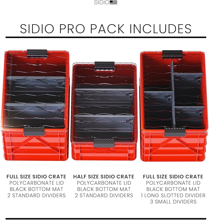 SIDIO CRATE Pro Pack - Two Full Size and One Half Size SidioCrate Stackable Outdoor Organizer Storage Bins with Clear Lid and Dividers