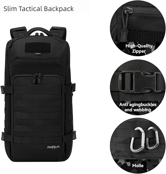AMHEH 20L 1050D Slim Tactical Backpack - 13 Laptop Suspended Protection Heavy Duty Urban Commuting Everyday Carry Daypack Black