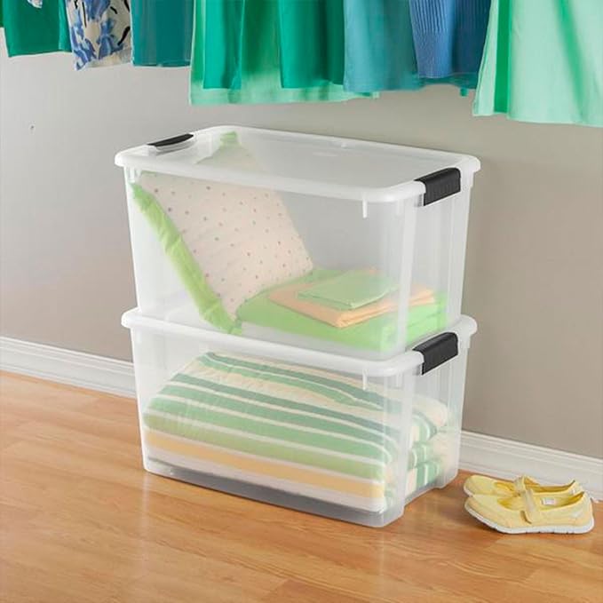 Sterilite 4 Sets of 70-Quart &amp 6 Sets of 18-Quart Heavy-Duty Stackable Storage Container Tote Clear Base w/White Latch lid for Home Organization