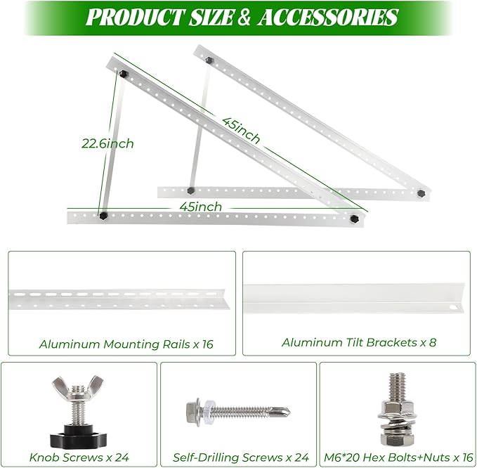 45inch Solar Panel Mounting Brackets 4 Sets Solar Panel Mounting Kit for 100-400 Watts Solar Panel 0 to 90° Adjustable Solar Panel Mounting Rails Lightweight Aluminum Solar Panel Stand