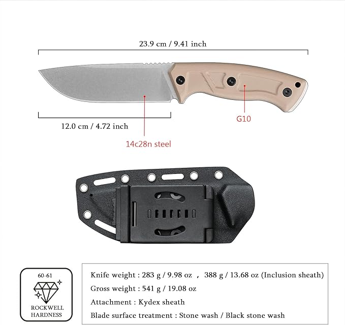 Knives 14C28N Steel Tactical Fixed Blade Knife with kydex sheath G10 Handle for Men EDC Outdoor Camping Survival Hunting (White stone wash+khaki G10)