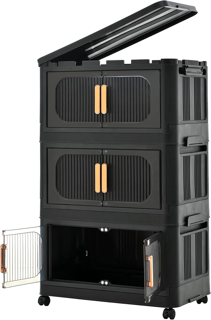 20 Side Wide Folding Storage Cabinet - Black 3-Tier Collapsible Storage Bin with Magnetic Door and Wheels for Home Office Organization