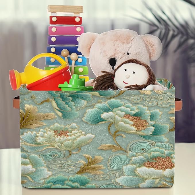 Pardick Teal Flower Floral Basket Storage Bins Large Fabric Toys Storage Cube Box with Handles Collapsible Closet Shelf Cloth Organizer Basket for Nursery Bedroom Bathroom Holiday Gift
