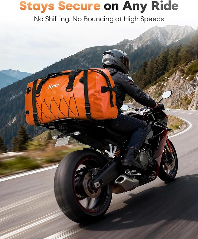 60L Waterproof Duffel Bag Motorcycle Dry Bag Backpack Heavy-Duty Roll-Top Waterproof Bag with Sealed Seams &amp Waterproof Zipper for Riding Kayaking Camping &amp Travel (Orange)