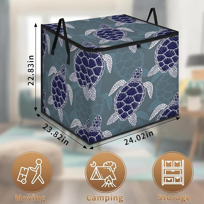 Large Nautical Green Sea Turtles Storage Bags with Lid XL Blanket Clothes Storage Bins Foldable Organizers Storage Containers with Handle for Comforters Bed Sheets Pillows Sea Animals