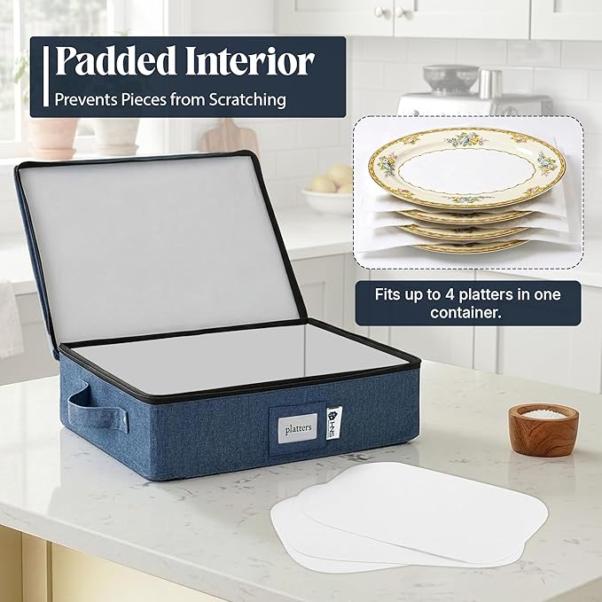 Platter Storage Containers - Hard Shell Protection for Fine China Sturdy Dish Organizer with Dividers for Seasonal Storage Moving &amp More - Protects up to 4 Platters (Blue)