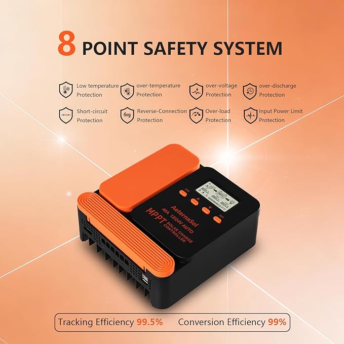 Solar Charge Controller 40A Charge Controllers 12/24V MPPT Solar Charge Controller with Adjustable LCD Timer Dual USB Max Input 100V for LiFePO4/AGM/GEL/FLD Batteries (Orange)