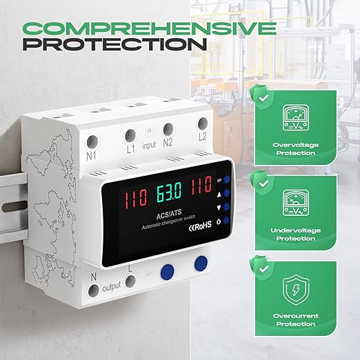 Automatic Transfer Switch 63A 110V DIN Rail Mount Generator Transfer Switch with Automatic and Manual Operation LED Display Over Voltage and Over Current Protection 50/60Hz