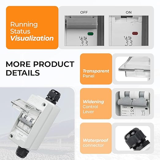 Solar Panel Disconnect Switch 1000V 60A PV Shut Off Switch Outdoor Circuit Breaker Box for Solar PV Homes Battery (60Amp)