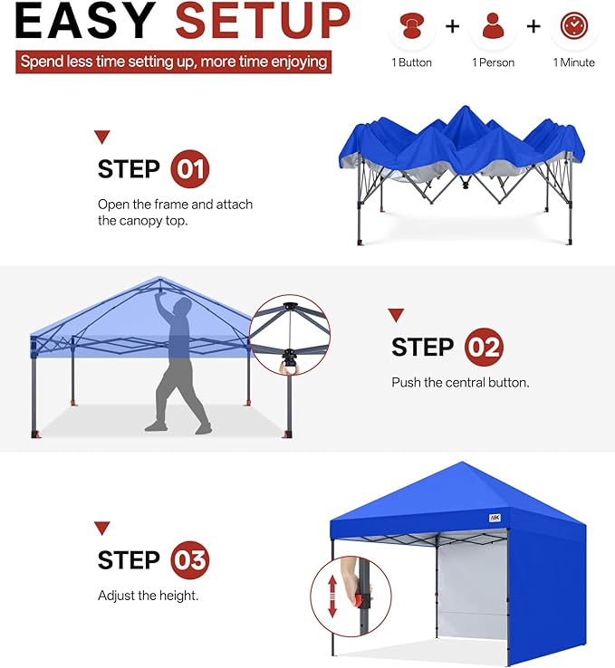 ABCCANOPY Easy Pop up Canopy Tent with 2 Sidewalls for Outdoor Sun Blocking or Rain Protection10x10 Royal Blue