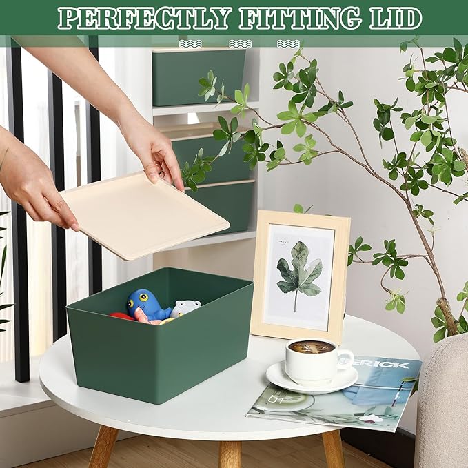 Menkxi 4 Pcs Storage Bins with Lids Plastic Stackable Containers for Organizing Shelves Christmas Ornament Box Baskets(GreenSmall)